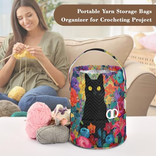 Image of ElliTarr Crochet Bag Yarn Bag with Handle Portable Knitting Project Bag Travel Yarn Storage Organizer Holder Case Cats Rose Lily Flowers Colorful