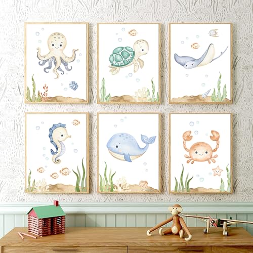 BeiYiHo 6 Cuadros Animales Marinos Laminas Infantiles Animales Marinos Ballena Tortuga Poster Habitacion Niño 21x30 Lienzo Animale Mar Decoracion Bebe Marino Pared Dormitorio Niño Regalo SIN MARCO