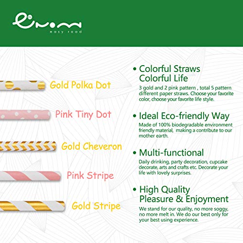 Easy Road 250 Pack Biodegradable Paper Straws Bulk - 5 Colors Pink/Gold Drinking Straws For Christmas, Party Supplies, Birthday, Wedding, Bridal/Baby Shower Decorations, Holiday Celebrations #TOP1