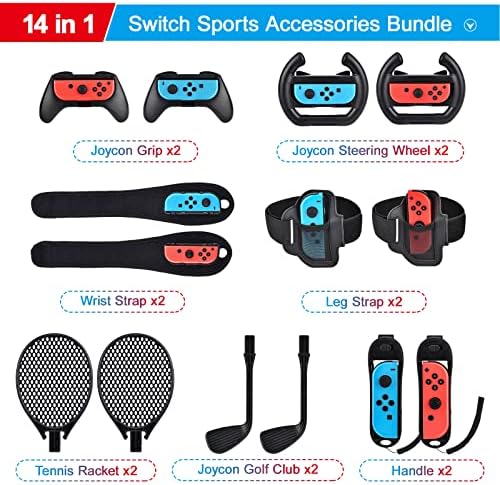 14 in 1 Switch Sports Accessories Bundle, innoAura Switch Sports Bundle with Switch Steering Wheel, Joycon Grip, Tennis Racket, Glof Club, Wrist Strap, Leg Strap Compatible with Switch/Switch OLED