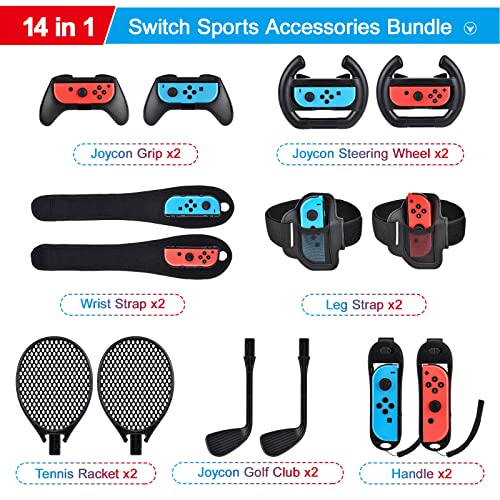 14 in 1 Switch Sports Accessories Bundle, innoAura Switch Sports Bundle with Switch Steering Wheel, Joycon Grip, Tennis Racket, Glof Club, Wrist Strap, Leg Strap Compatible with Switch/Switch OLED