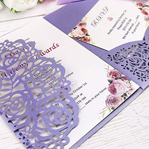 Ponatia 20 Pcs 3 Folds 5X7'' Wedding Invitations Cards With Envelopes Ribbons For Wedding Bridal Shower Engagement Birthday Graduation Invite (Lavender) #TOP4