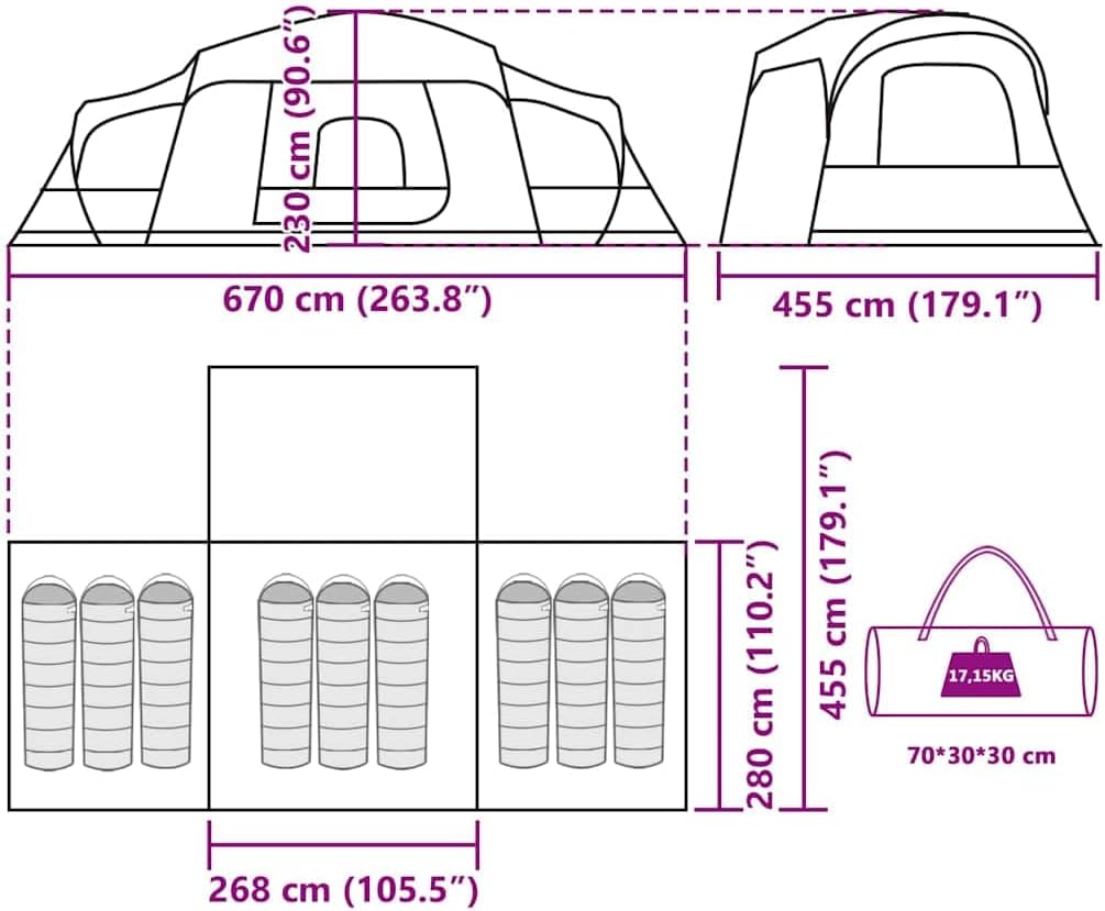 Diagram showing the top-down and side-view dimensions of the tent, including sleeping areas for 9 people and packed size.