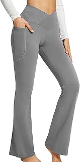 Pantalones elásticos de corte ajustado, informales, 2 bolsillos, cintura alta, pantalones acampanados, modernos, lavables a máquina, color puro para el gimnasio, gris, Talla única