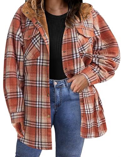 IN'VOLAND Plus Size Women Flannel Plaid Shacket Jacket Long Sleeve Button Down Fleece Hooded Jackets Fall Winter Coat