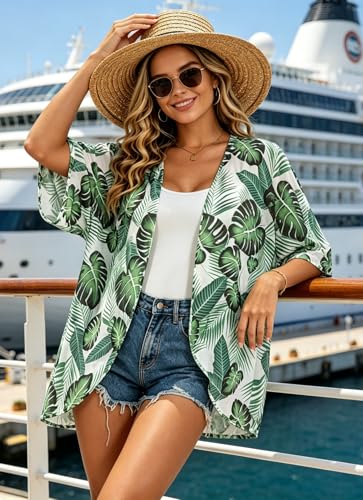 Image of FINOCEANS Womens Floral Chiffon Kimono Cardigans Loose Beach Cover Up Half Sleeve Tops