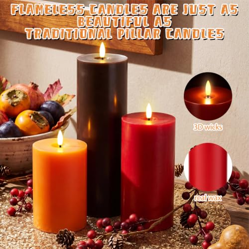 Image of Retisee 3 Pcs Fall 6 /8 /12 Inches Flameless LED Candles with Remote and 2 /4 /8h Timer Red Orange Brown Battery Operated Wax Flickering Candles for Autumn Thanksgiving Harvest Party Desktop Home Decor