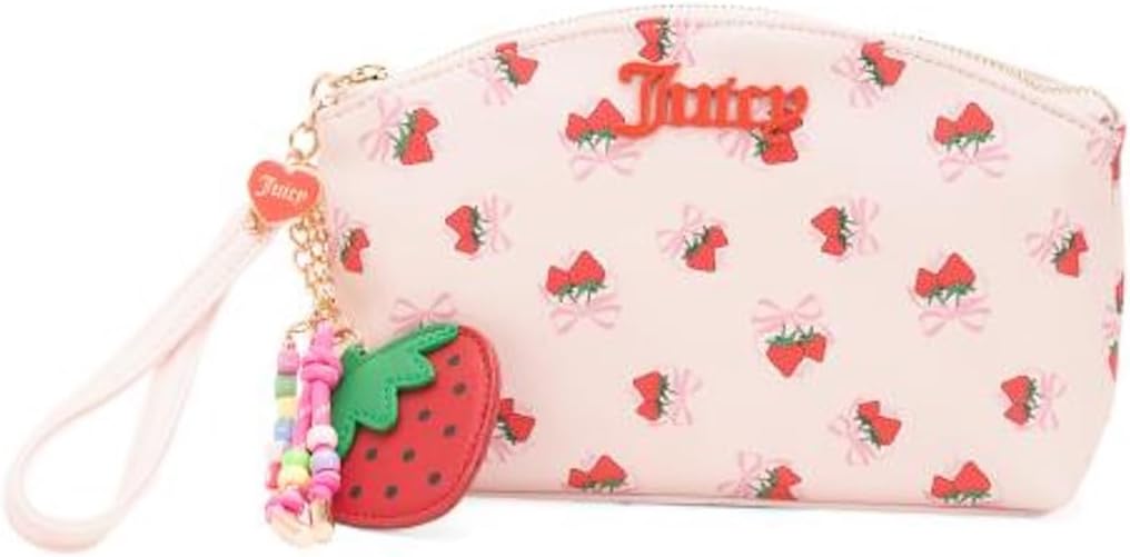Juicy Couture Retro Sweet Strawberry Print Medium Pouch Wristlet, Green Multi, 8.5x6x3 Inch