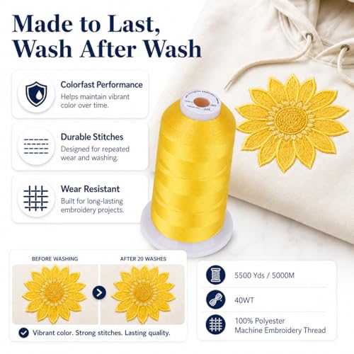 Image of Simthread Embroidery Machine Thread 5000M 40WT Polyester, Yellow 205 | 5000M 40WT polyester thread feeds smoothly for home or commercial embroidery projects.