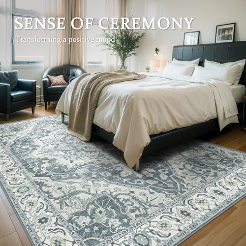 Boho Area Rug 6x9 Washable Large Vintage Rug for Living Room Bedroom Office Kitchen Entrance Dining Room Non Slip Soft Low-Pile Farmhouse, Canal Blue/Multi