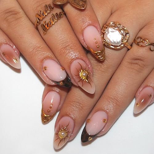 Viugex 24 Pièces Français Press on Nails Almond, Moyen Rose Nude Artificiels Ongles à Coller, Naturel Étoile Solaire Acrylique Faux Ongles, 3D Or Réutilisable Capsules Ongles pour Femmes et Filles