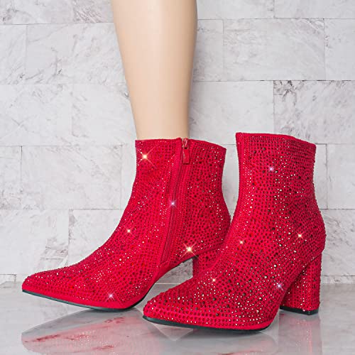 Forever Women Rhinestone Block Chunky Heel Ankle Bootie Iceberg 12 shoes Red Size 8.53
