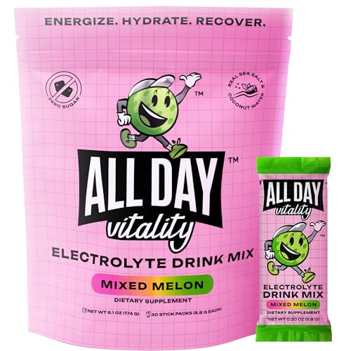 ALL DAY Vitality Pickleball Electrolyte Powder Packets | No Sugar, Non-GMO | 30 Drink Sticks (Mixed Melon)