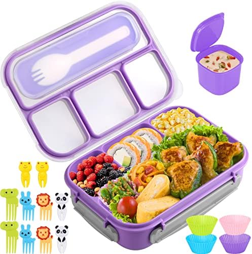 Bento Box, Lunch Box Kids, 1300ML Bento Box Adult Lunch Box with 4 Compartment&Food Picks Cake Cups, Lunch Box Containers for Adults/Kids/Toddler, Leak-Proof, Microwave/Dishwasher/Freezer Safe(Purple)
