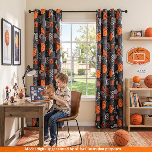 Image of MYSKY HOME Blackout Curtains 63 Inch Length for Teen Boys Kids Room Decor 95% Light Blocking Thermal Insulated Grommet Drapes with Basketball Printed, 2 Panels, 52 inch Wide Each Panel, Black and Orange