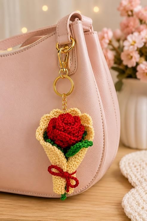 Image of Handmade Crochet Keychain Combo for Girls Women Cute Aesthetic Sunflower Strawberry Watermelon Daisy Knitted Keychain Bag Charm Purse Charm Car Key Ring Backpack Accessories Gift