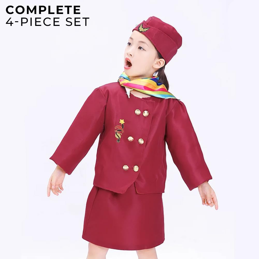 AMERTEER Girls Air Hostess Costume Set - 4-Piece Flight Attendant Dress with Skirt, Jacket, Hat & Scarf - Kids Cabin Crew Role Play Outfit, Cosplay & Fancy Dress Party Uniform (Ages 3-8)
