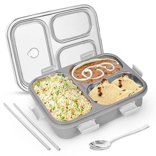 Image of TEKCOOL Lunch Box for Adults - Lunch Box for Kids - with Spoon & Fork - Stainless Steel Lunch Box with 3 Compartment - Durable Perfect Size for On-The-Go Meal, BPA-Free