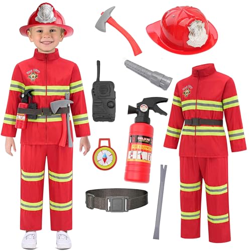 Avady Firefighter Costume for Kids Fireman Costume Fire Chief Dress Up Birthday Party Halloween Costumes, 9-10 Years, Red