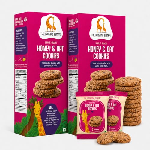 Image of The Growing Giraffe Whole Grain Honey & Oat Cookies Made Extra Special with Yummy Chocolate Chips Tasty, Healthy & Nutritious Cookies, Artificial Flavor & Color Free - 160 Grams (Pack of 2)
