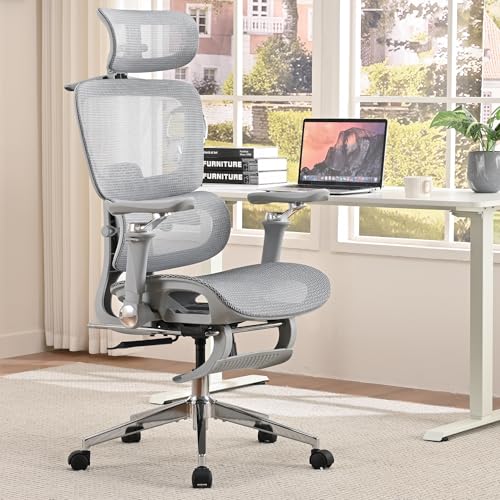 hujusko Mesh Ergonomic Office Chair with Footrest, Grey