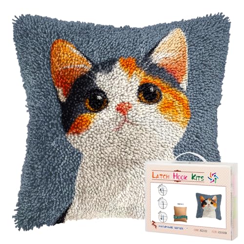 DIY Latch Hook Pillow Kits Cute Cat Printed Pillowcase Crochet Yarns Hooking Handmade Pillow Cover Cushion for Home Sofa Decoration 17x17inch-7
