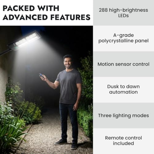 Image of kh Solar Street Light Motion Sensor, 288 LED, 120 W, 6000 K Dusk to Dawn Solar Flood Lights Outdoor Waterproof with Remote Control, LED Solar Lights for Outside Garden Yard, Parking (Pack 1)