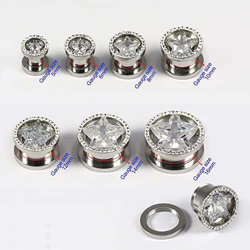 Multi Crystal Stone Around Star Cz Stone 316L Surgical Steel Flesh Tunnel Gauge Ear Piercing Body Jewelry3
