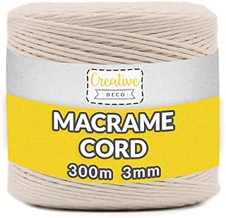 Creative Deco 985 Feet Beige Macrame Cord | 300m | 3mm Thick | Cotton Rope 12 Ply String Yarn Twine Elastic Cord | for Art and Craft, DIY, Knitting, Gift Wrapping, Wall, Plant Hanger | Strong