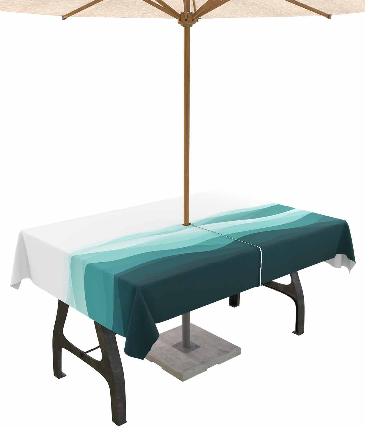 Outdoor Tablecloth with Umbrella Hole and Zipper 60" x 84" Rectangular Minimalist Abstract Teal Waves Water Repellant Table Cover Tabletop Collection for Party Patio Picnic