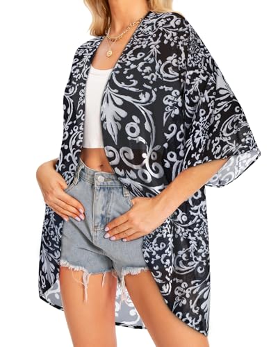 Image of Women Kimono Cardigans Casual Summer Tops Cover up Open Front Floral Print Resort Wear 2026