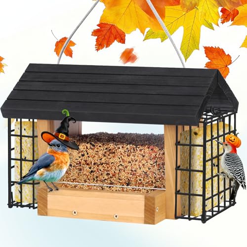 Gbekery Hopper Bird Feeder for Outdoors Hanging, Wooden Bird Feeder with Double Suet Cage and Large Seed Capacity, Cedar Wood Suet Feeder with Weatherproof Roof, Garden Decoration
