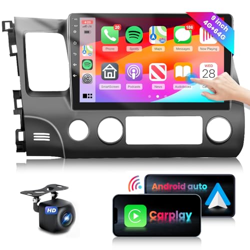 4G 64G Car Stereo for Honda Civic 2006-2011 Radio with 10.1inch 1280x720 IPS Touch Screen AI Radio DSP 36EQ Wireless Carplay Android Auto Bluetooth 5.0 GPS FM/RDS WiFi MirrorLink AHD Backup Camera