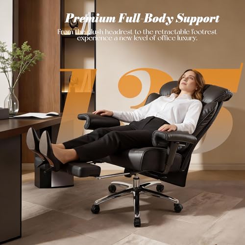 Image of Efomao Big and Tall Office Chair 400 lbs Capacity, Oversized Executive Desk Chair with Footrest, Extra Wide 23 inch Seat, High Back Ergonomic PU Leather Home Office Chair, Black | 400 lb Capacity; Retractable Footrest; 23 inch Extra-Wide Seat; Dual-Layer Cushion; 135 Recline