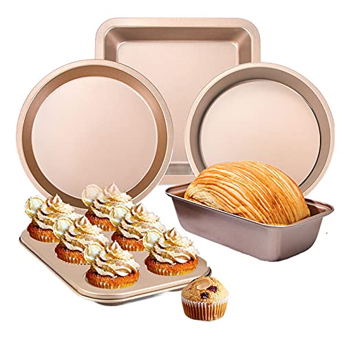 XDAWQP Kitchen Utensils Nonstick Bakeware Set - 5-Piece Rose Gold Mould for Baking Cookies, Cakes, Muffins & Toast