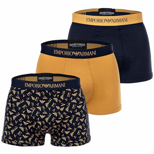 Emporio Armani Underwear Emporio Armani Men's 3-Pack Pure Cotton Trunk Les Troncs, Marine/Print Marine/Mustard, S pour des Hommes