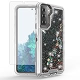 Asuwish Phone Case for Samsung Galaxy S21 5G 6.2 inch with Screen Protector Bling Liquid Glitter Clear Hybrid Shockproof TPU Silicone Military Grade Protective Heavy Duty Cell Cover S 21 21S G5 Black