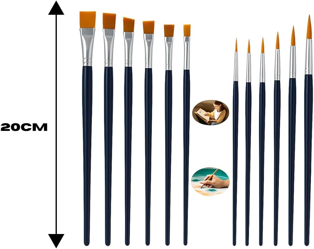 Kit 12 Pincéis para Pintura, 6 Ponta Fina Redonda e 6 Ponta Chata, para Aquarela, Óleo, Acrílica e Artesanato