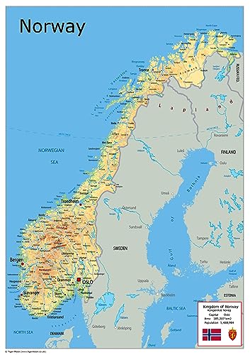 Mapa físico de Noruega - Colección Oxford - Tamaño A2 - Papel laminado