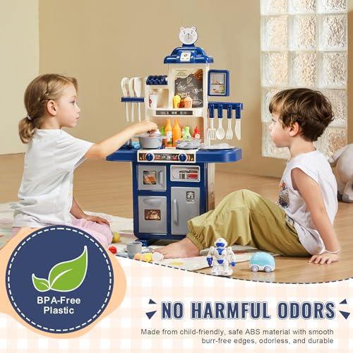 Image of VEVOR Kids Kitchen Playset 48PCS, Pretend Play Kitchen with Cooking Stove with Steam, Sounds and Lights, Play Sink and Play Food, Toy Kitchen Set for Toddlers (Blue) Size 18.5 inch x 9.4 inch x 30.7 inch