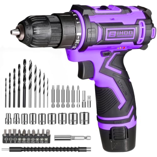 Image of Purple 12V Cordless Drill,Electric Power Driver Kit,3 /8-Inch Keyless Chuck, Variable Speed,with Drills Bits Set for Home DIY