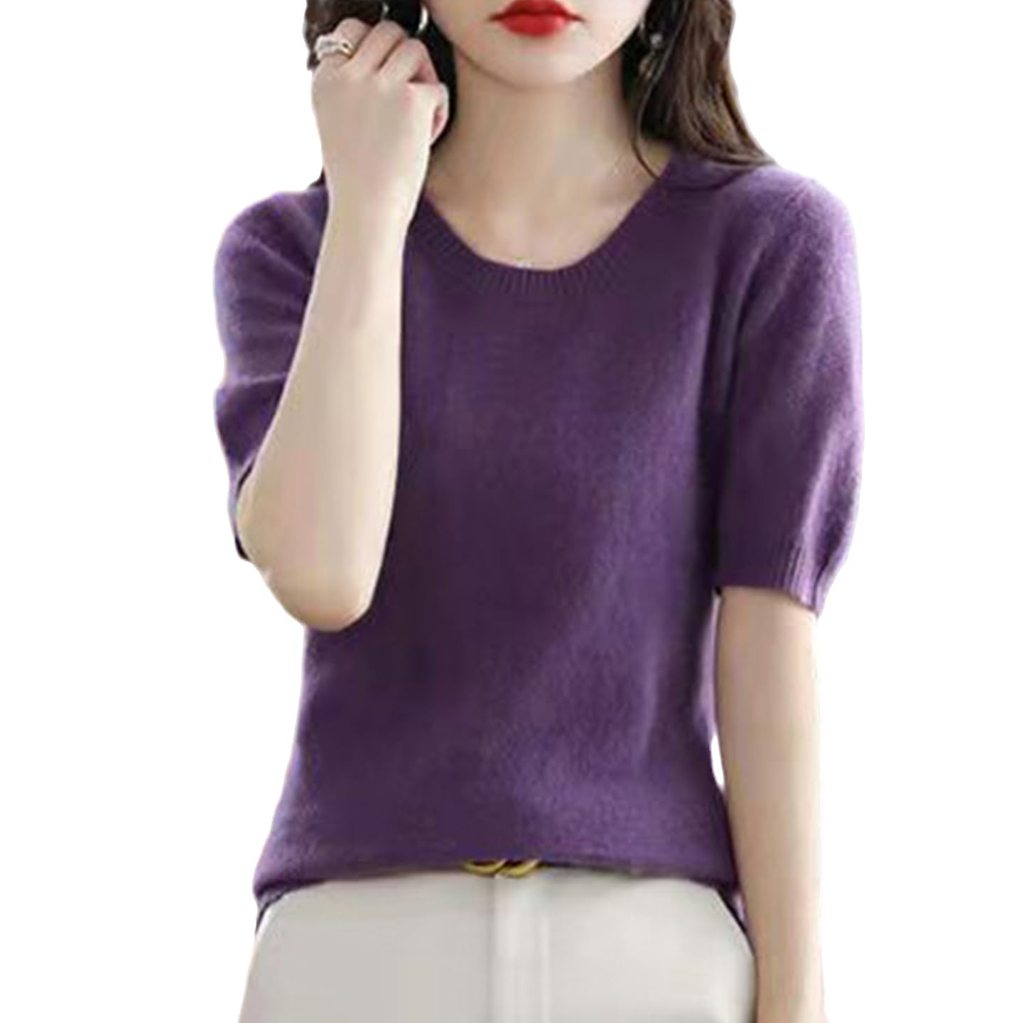 Maglione da Donna in Lana A Maniche Corte, Pullover da Donna, Camicia Ampia E Sottile