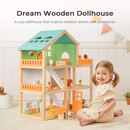 OOOK Casa de muñecas grande de madera con 42 accesorios de muebles de lujo, casa de muñecas de 3 pisos, 6 habitaciones, balcón, escaleras de madera, ideal casa de muñecas moderna para niños pequeños - imagen 2