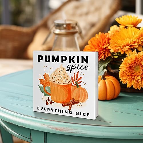 Image of Fall Table Wooden Box Sign, Pumpkin Spice Everything Nice, Autumn Table Decor, Fall Pumpkin Farmhouse Tabletop Decorations for Home, Kitchen, Harvest, Thanksgiving, Rustic Desk Decor