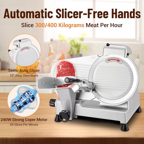 Electric Meat Slicer, 10" Non-sticky Stainless Steel Blade, Electric Frozen & Deli Meat Cheese Ham Food Slicer with Sharpening Stone, Adjustable Slice Thickness, for Home & Commercial, 240W
