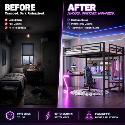 Image of Bellemave Queen Size Metal Loft Bed with L-Shaped Desk, Z-Shaped LED Lights & Charging Station, Heavy Duty Loft Bed Frame with Hanging Rod for Kids, Teens & Adults, Space Saving,Black