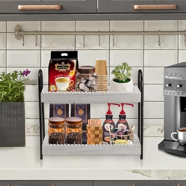 Rustic 2 Tier Wood Coffee Bar Organizer