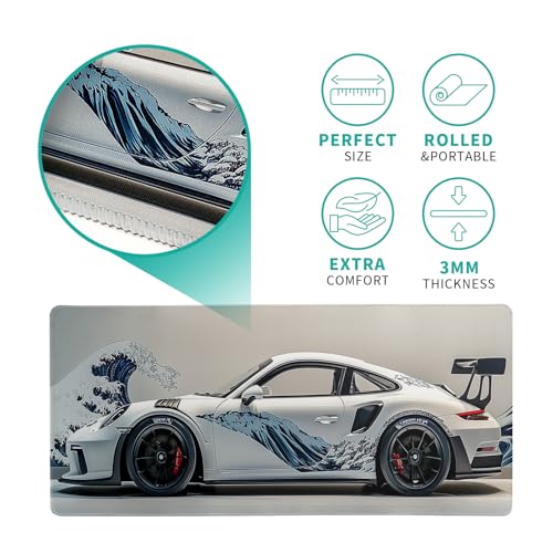 White Ukiyo-e Style Sports Car Large Gaming Mouse Pad Desktop Mat