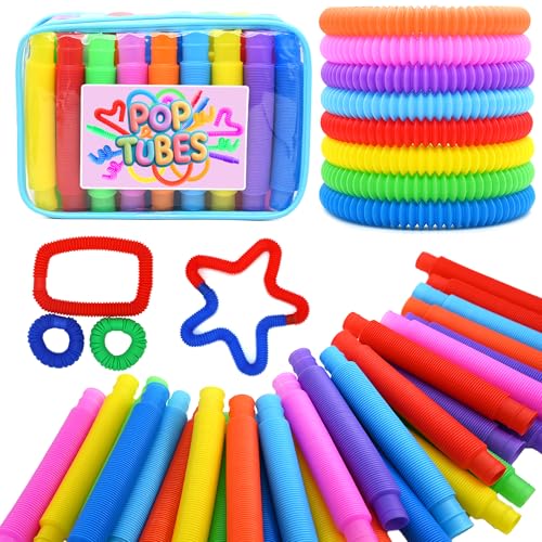 Pop Tubes Sensory Toys - 30 Pack Stretchy Fidget Toys with 10 Colors, Stress Relief Toys for Kids & Adults, Autism Sensory Tools, Party Favors, Classroom Prizes, Travel & Therapy