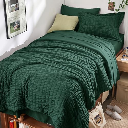 Image of HYMOKEGE Emerald Green Twin XL Comforter Set Seersucker 5 Pieces, All Season Luxury Bed in a Bag for Bedroom, Bedding Set with Comforter, Sheets, Pillowcase & Sham